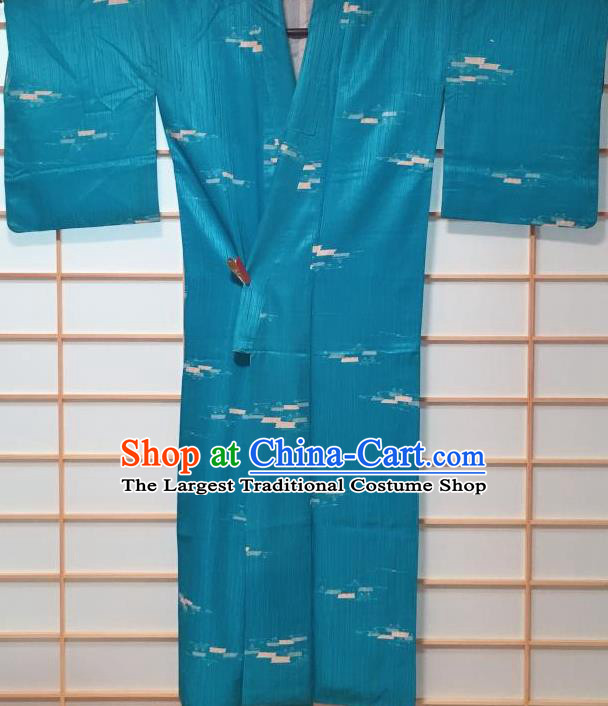 Traditional Japanese Lake Blue Kimono Japan Classical Pattern Yukata Dress Costume for Women