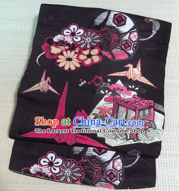 Japanese Nagoya Traditional Paper Crane Pattern Black Brocade Waistband Japan Kimono Yukata Belt for Women