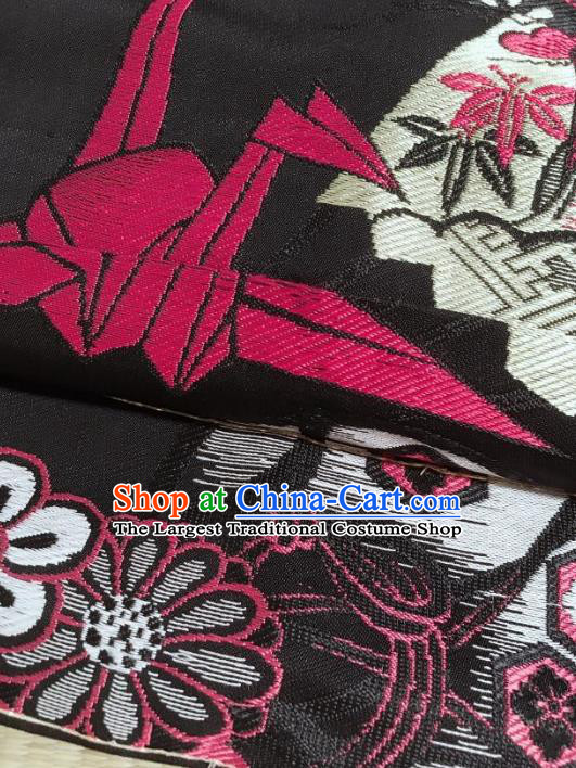 Japanese Nagoya Traditional Paper Crane Pattern Black Brocade Waistband Japan Kimono Yukata Belt for Women