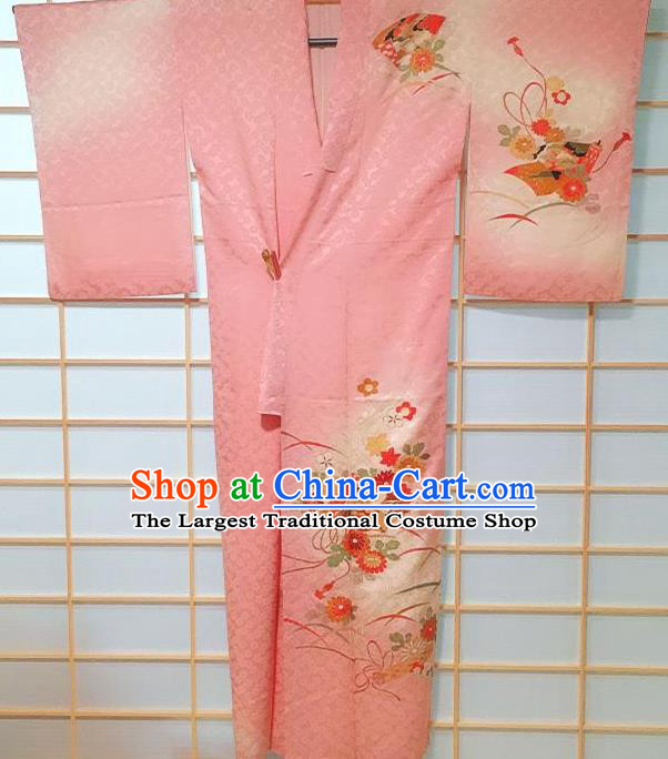 Traditional Japanese Pink Silk Tsukesage Kimono Japan Classical Chrysanthemum Pattern Yukata Dress Costume for Women