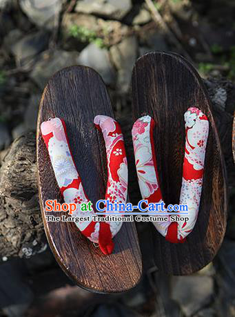 Traditional Japanese Sakura Pattern Red Geta Slippers Asian Japan Clogs Shoes for Women