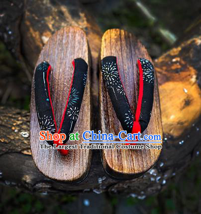 Traditional Japanese Fireworks Pattern Black Geta Slippers Asian Japan Clogs Shoes for Women