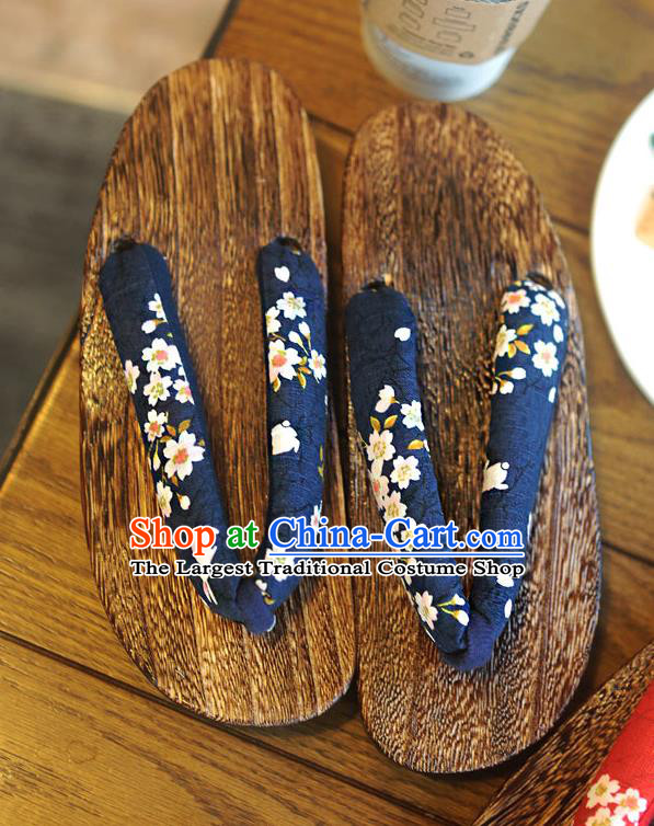 Traditional Japanese Sakura Pattern Deep Blue Geta Slippers Asian Japan Clogs Shoes for Women