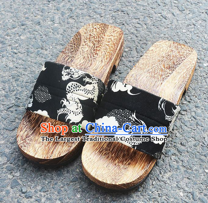 Traditional Japanese Dragon Pattern Black Geta Slippers Asian Japan Clogs Shoes for Men