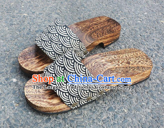Traditional Japanese Waves Pattern Black Geta Slippers Asian Japan Clogs Shoes for Men