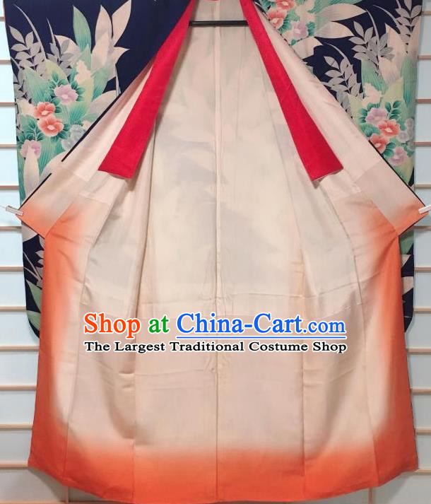 Traditional Japanese Navy Furisode Kimono Japan Classical Camellia Pattern Yukata Dress Costume for Women