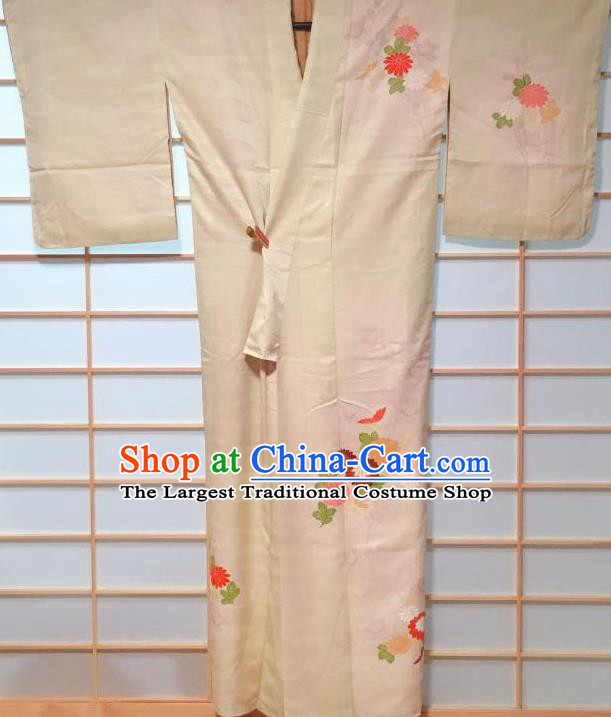 Traditional Japanese Khaki Tsukesage Kimono Japan Classical Chrysanthemum Pattern Yukata Dress Costume for Women