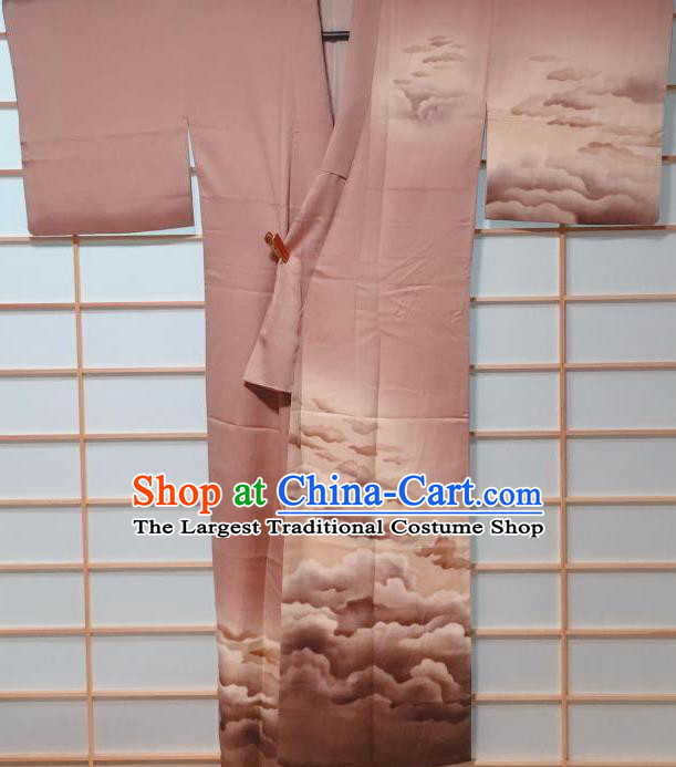 Traditional Japanese Brown Tsukesage Kimono Japan Classical Cloud Pattern Yukata Dress Costume for Women