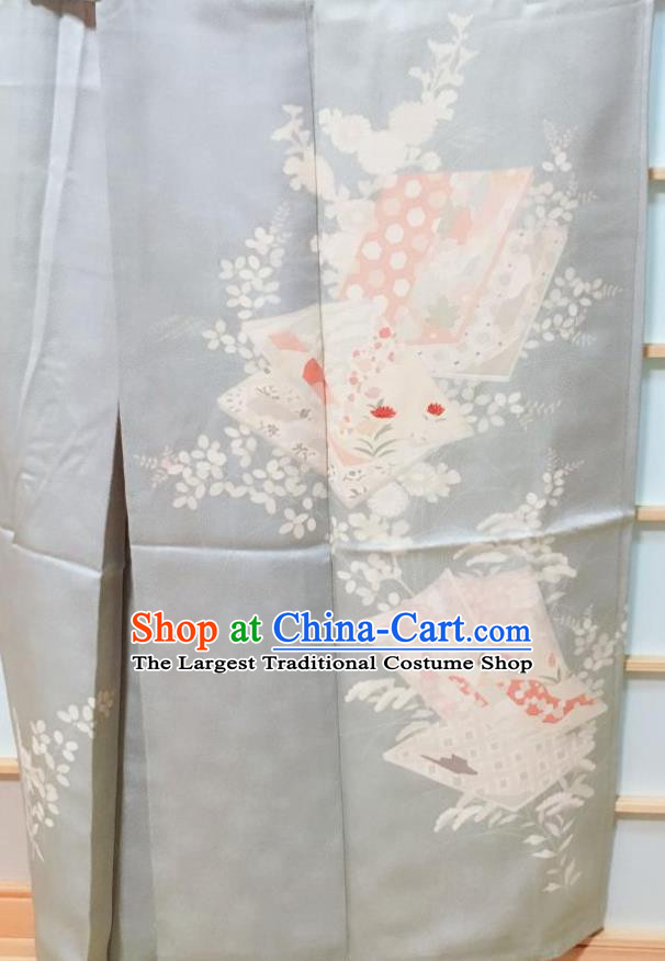 Traditional Japanese Grey Silk Tsukesage Kimono Japan Classical Flowers Pattern Yukata Dress Costume for Women