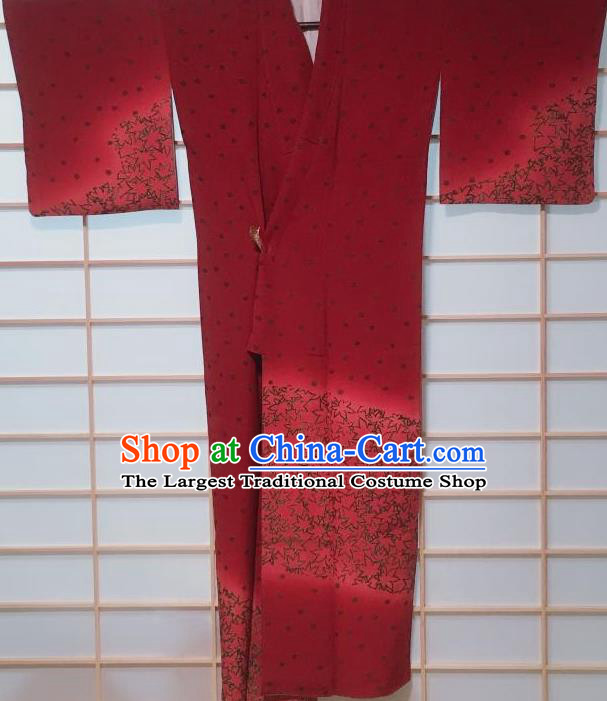 Traditional Japanese Dark Red Tsukesage Kimono Japan Classical Maple Leaf Pattern Yukata Dress Costume for Women