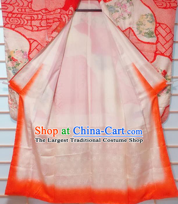 Traditional Japanese Orange Furisode Kimono Japan Classical Peony Pattern Yukata Dress Costume for Women