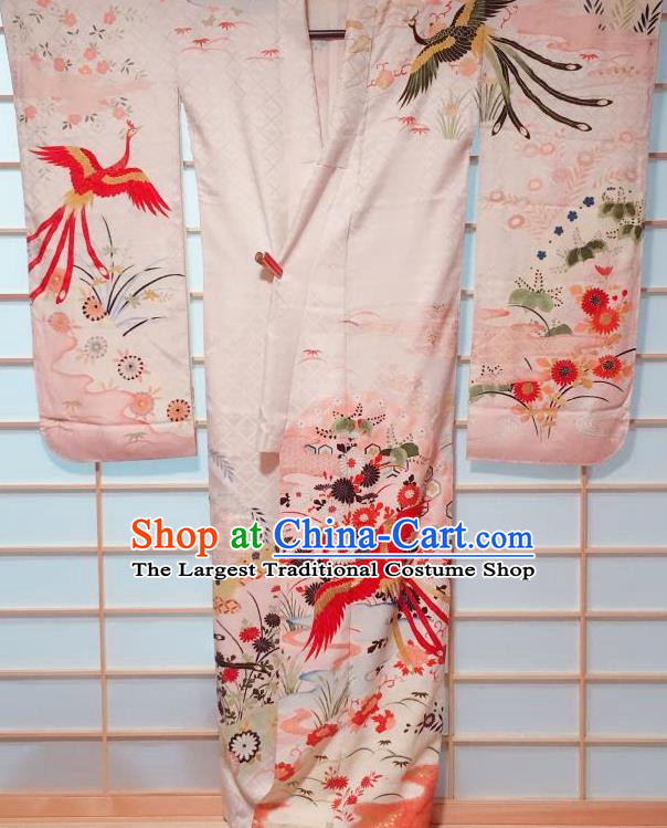 Traditional Japanese Beige Furisode Kimono Japan Classical Phoenix Chrysanthemum Pattern Yukata Dress Costume for Women