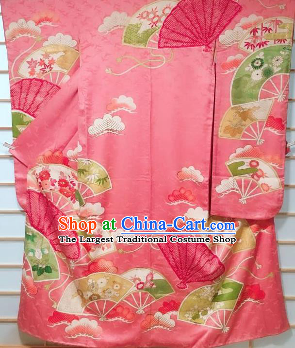 Traditional Japanese Pink Furisode Kimono Japan Classical Chrysanthemum Fan Pattern Yukata Dress Costume for Women