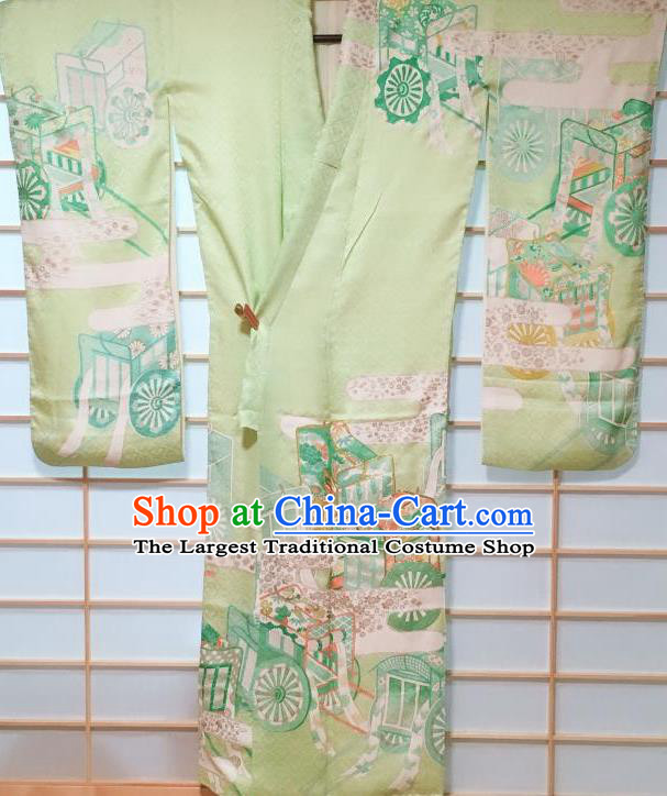 Traditional Japanese Light Green Furisode Kimono Japan Classical Gharry Pattern Yukata Dress Costume for Women