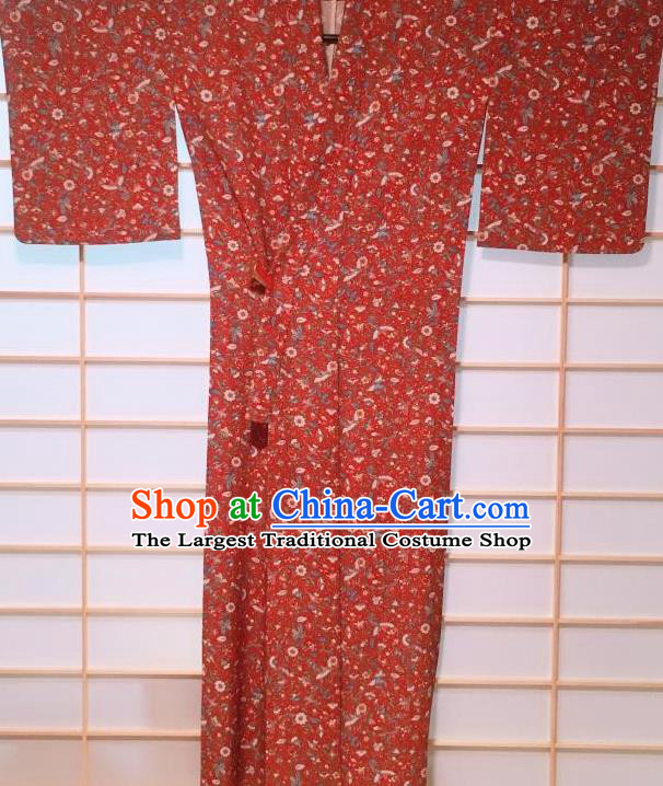 Traditional Japanese Red Kimono Japan Classical Birds Flowers Pattern Yukata Dress Costume for Women