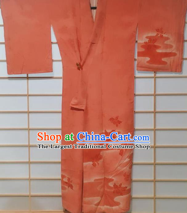 Traditional Japanese Orange Tsukesage Kimono Japan Classical Butterfly Pattern Yukata Dress Costume for Women