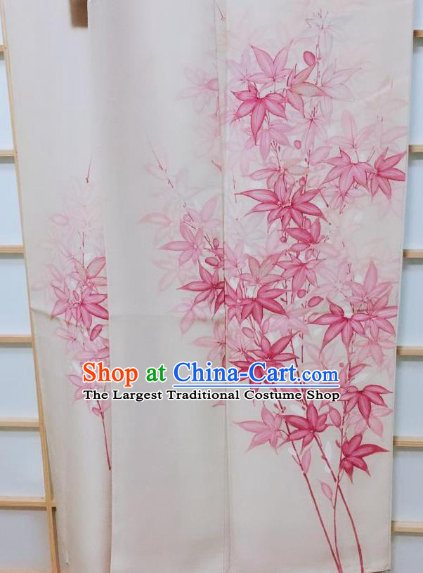 Traditional Japanese Beige Tsukesage Kimono Japan Classical Maple Leaf Pattern Yukata Dress Costume for Women