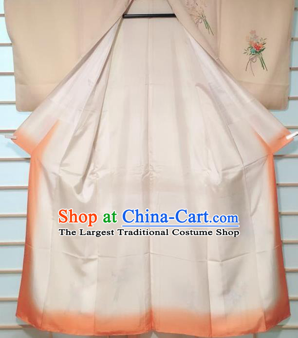 Traditional Japanese Printing Beige Tsukesage Kimono Japan Classical Daisy Pattern Yukata Dress Costume for Women
