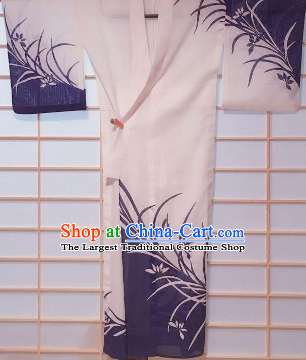 Traditional Japanese White Tsukesage Kimono Japan Classical Orchid Pattern Yukata Dress Costume for Women
