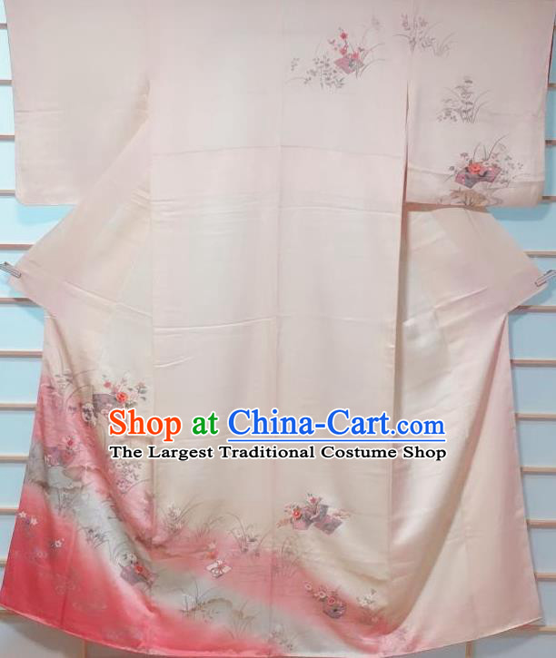 Traditional Japanese Light Pink Tsukesage Kimono Japan Classical Flowers Pattern Yukata Dress Costume for Women