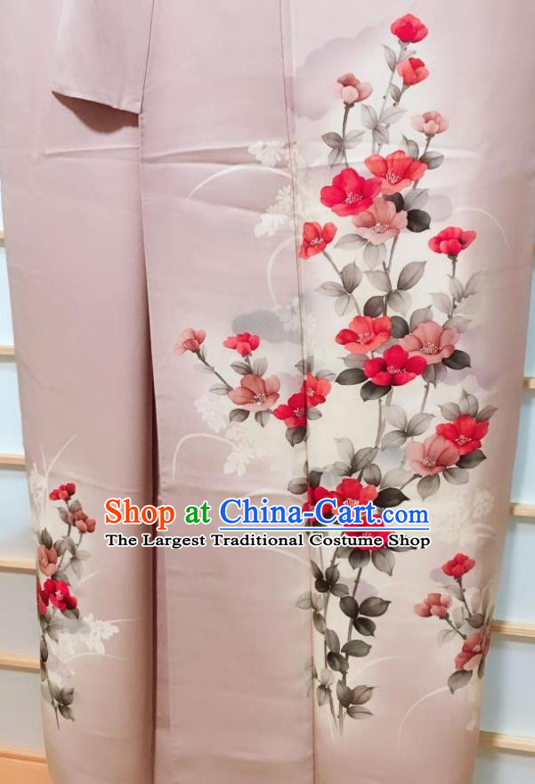 Traditional Japanese Lilac Tsukesage Kimono Japan Classical Camellia Pattern Yukata Dress Costume for Women