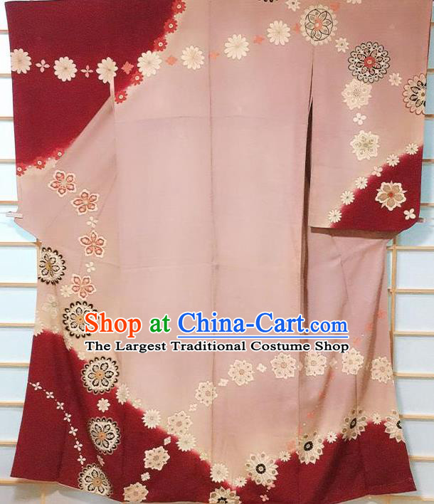 Traditional Japanese Printing Pink Furisode Kimono Japan Classical Sakura Pattern Yukata Dress Costume for Women