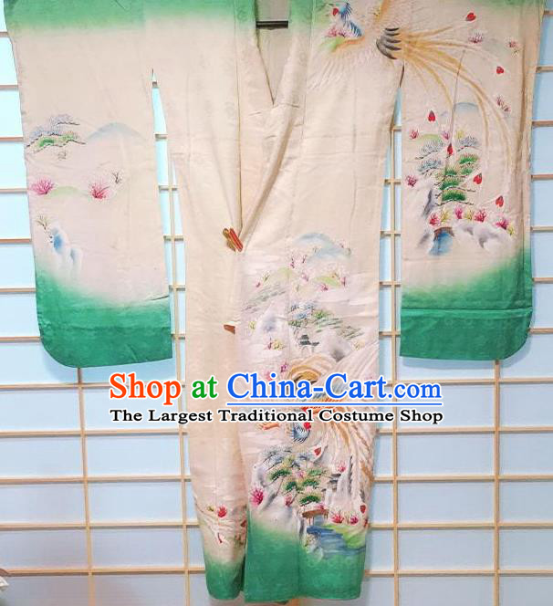 Traditional Japanese White Furisode Kimono Japan Classical Phoenix Pattern Yukata Dress Costume for Women
