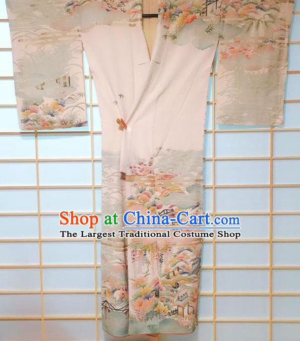 Traditional Japanese Light Blue Tsukesage Kimono Japan Classical Wisteria Pattern Yukata Dress Costume for Women
