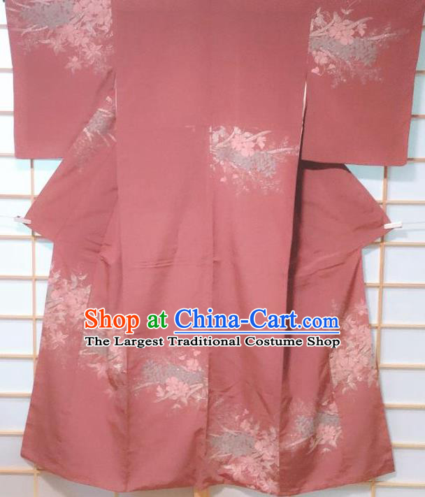 Traditional Japanese Rust Red Tsukesage Kimono Japan Classical Pattern Yukata Dress Costume for Women