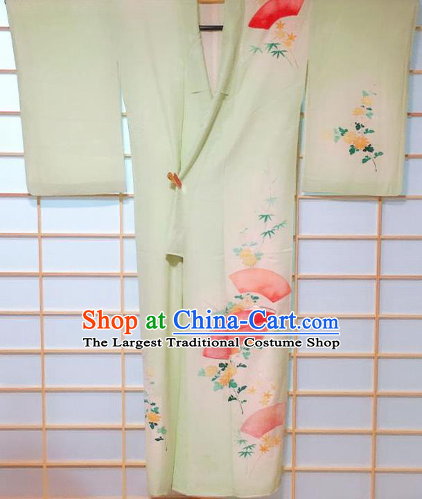 Traditional Japanese Light Green Tsukesage Kimono Japan Classical Chrysanthemum Fan Pattern Yukata Dress Costume for Women