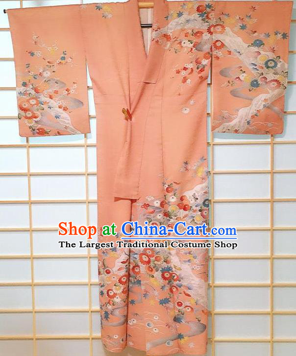 Traditional Japanese Orange Tsukesage Kimono Japan Classical Chrysanthemum Pattern Yukata Dress Costume for Women
