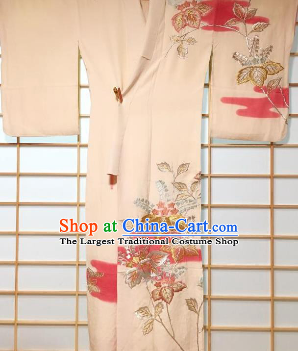 Traditional Japanese Embroidered Beige Tsukesage Kimono Japan Classical Chrysanthemum Pattern Yukata Dress Costume for Women