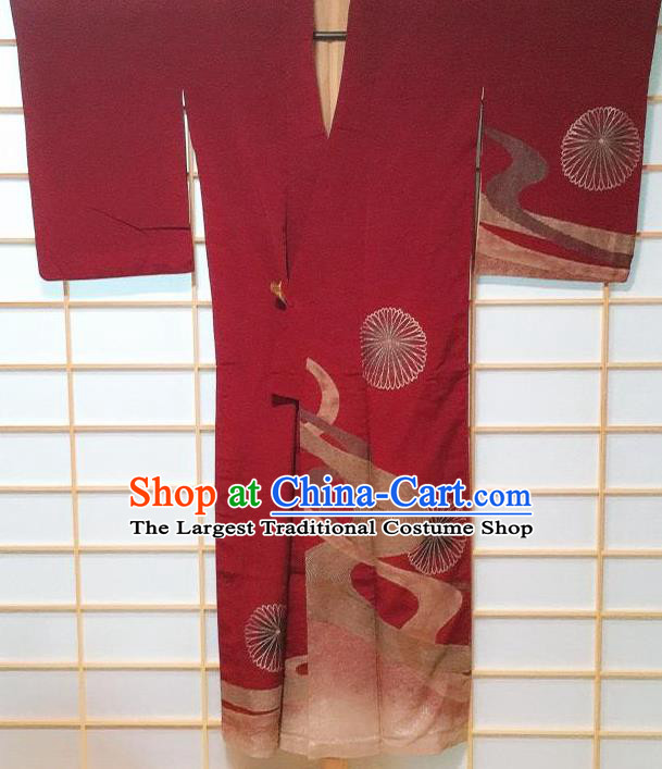 Traditional Japanese Wine Red Tsukesage Kimono Japan Classical Chrysanthemum Pattern Yukata Dress Costume for Women
