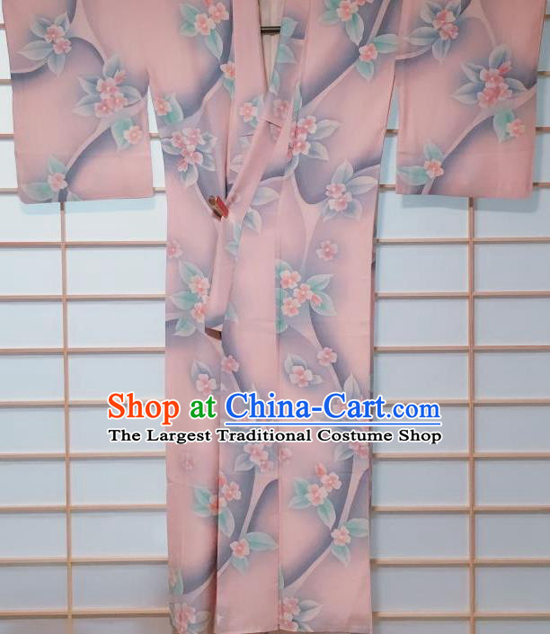 Traditional Japanese Pink Kimono Japan Classical Flowers Pattern Yukata Dress Costume for Women