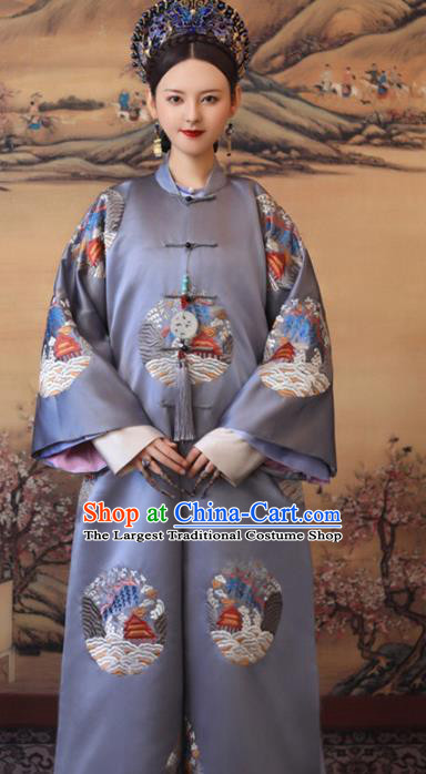 Chinese Ancient Manchu Noble Consort Purple Embroidered Dress Traditional Qing Dynasty Imperial Concubine Costumes and Headpiece for Women