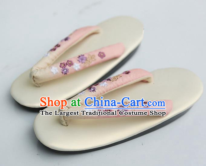 Traditional Japanese Classical Embroidered Pink Flip Flops Slippers Zori Geta Asian Japan Clogs Shoes for Women