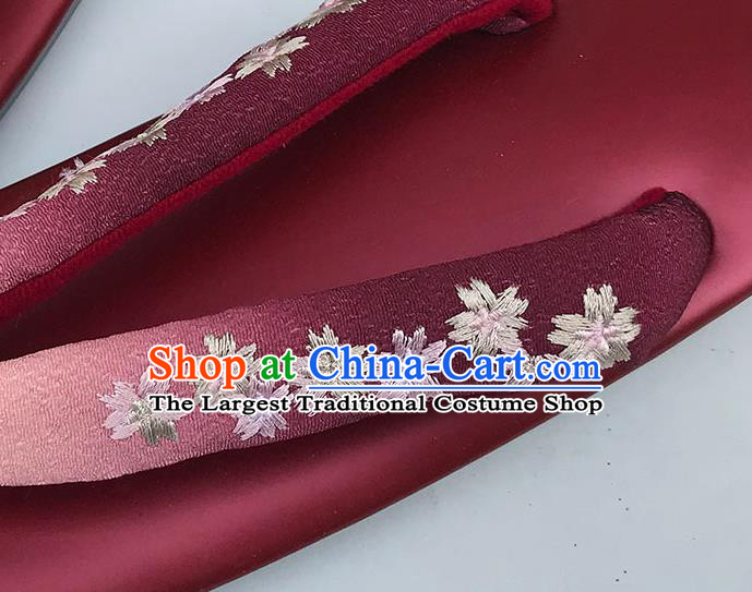 Traditional Japanese Classical Embroidered Wine Red Flip Flops Slippers Zori Geta Asian Japan Clogs Shoes for Women