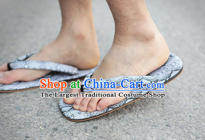 Japanese Traditional Snakeskin Pattern White Flip Flops Clogs Slippers Asian Japan Geta Shoes for Men