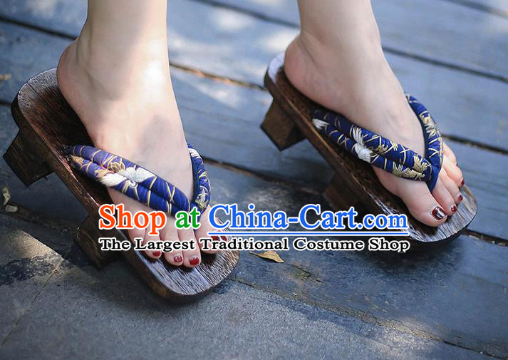 Traditional Japanese Classical Crane Pattern Royalblue Bidentate Clogs Flip Flops Slippers Asian Japan Geta Shoes for Women