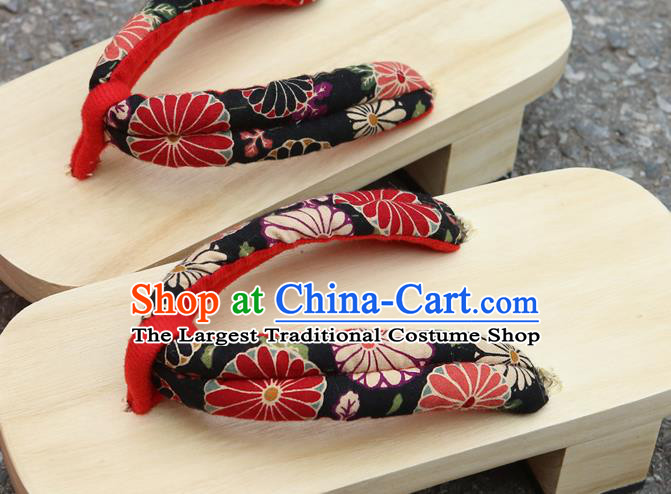 Traditional Japanese Classical Chrysanthemum Pattern Black Bidentate Clogs Flip Flops Slippers Asian Japan Geta Shoes for Women