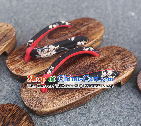 Traditional Japanese Classical Sakura Pattern Black Flip Flops Slippers Geta Asian Japan Clogs Shoes for Women