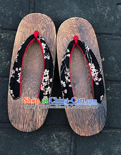 Traditional Japanese Classical Sakura Pattern Black Flip Flops Slippers Geta Asian Japan Clogs Shoes for Women