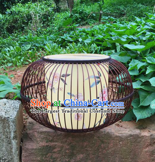 Traditional Chinese Brown Bamboo Art Printing Flowers Bird Hanging Lanterns Handmade Lantern Scaldfish Lamp