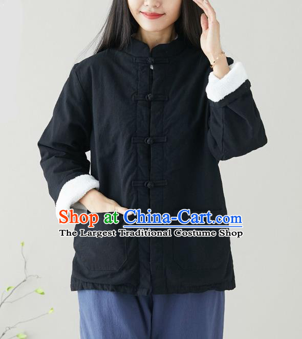 Traditional Chinese Tang Suit Black Cotton Padded Jacket Li Ziqi Costume for Women
