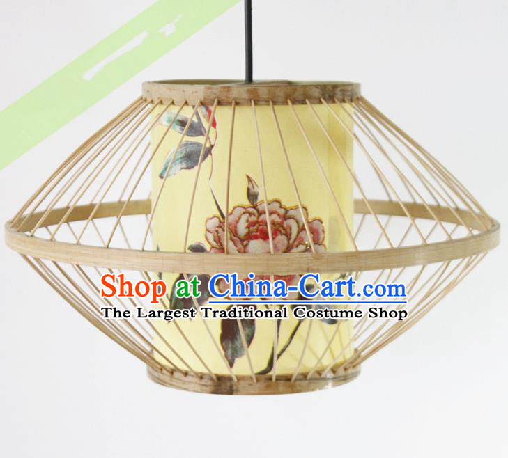 Traditional Chinese Printing Peony Yellow Hanging Lanterns Handmade Lantern Bamboo Art Scaldfish Lamp