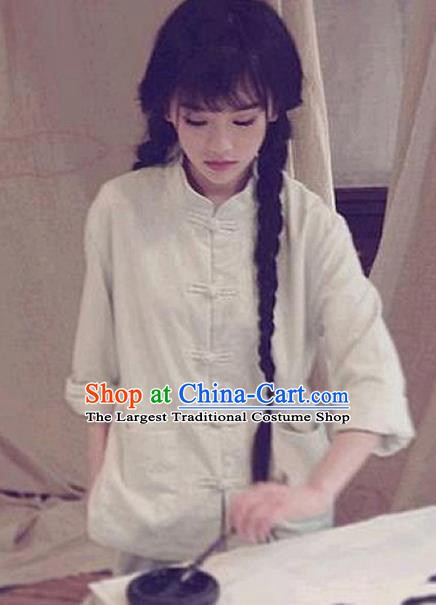 Traditional Chinese Tang Suit White Flax Shirt Li Ziqi Blouse Upper Outer Garment Costume for Women
