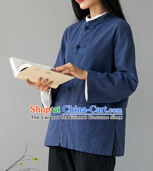 Traditional Chinese Tang Suit Navy Flax Jacket Li Ziqi Short Overcoat Costume for Women
