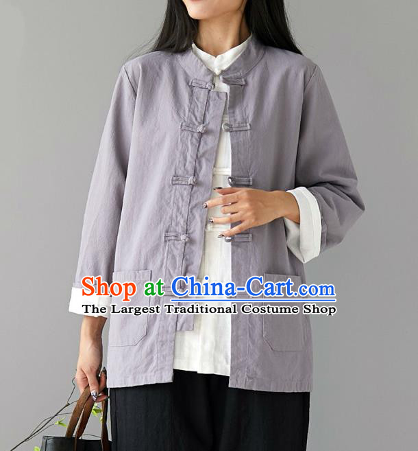 Traditional Chinese Tang Suit Grey Flax Jacket Li Ziqi Short Overcoat Costume for Women