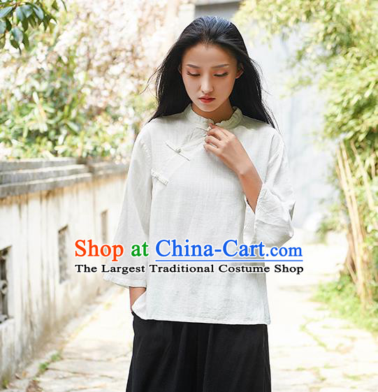 Traditional Chinese Tang Suit White Flax Slant Opening Shirt Li Ziqi Blouse Upper Outer Garment Costume for Women