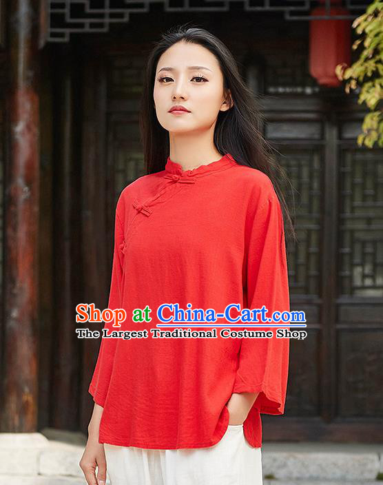 Traditional Chinese Tang Suit Red Flax Slant Opening Shirt Li Ziqi Blouse Upper Outer Garment Costume for Women